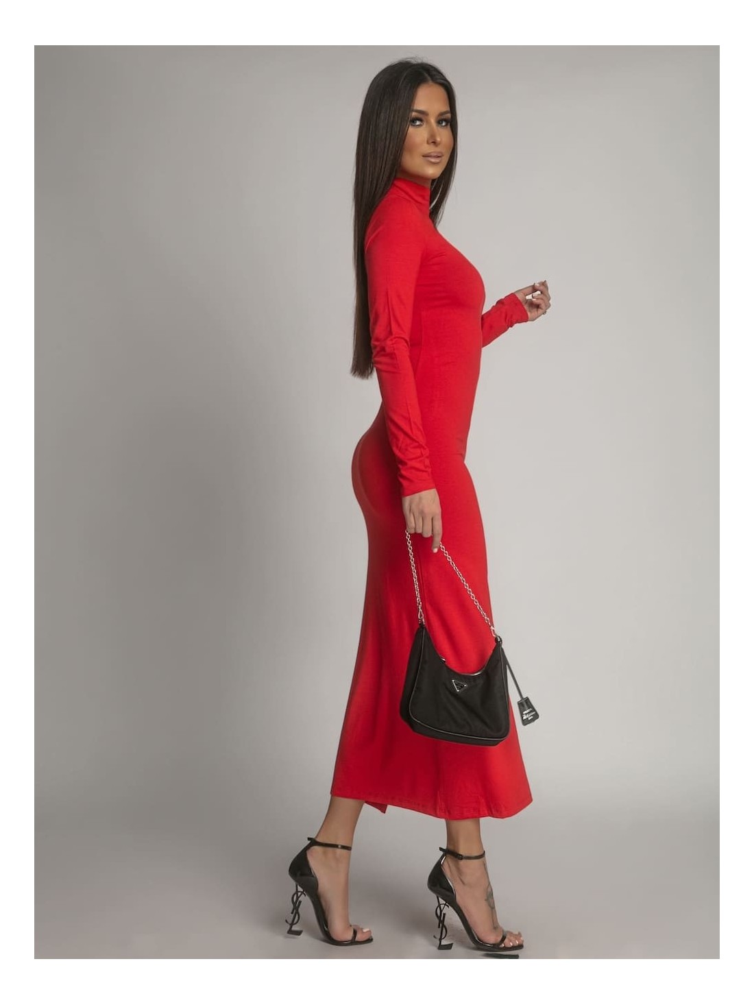 Smooth long-sleeved turtleneck dress, red FG678